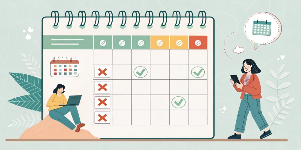 A 7-day calendar visual showing the progression of digital detox habits. Day 1 shows assessment, days 2-6 show increasing detox times (30min to 1.5hrs) with corresponding activities replacing device use. Day 7 shows reflection and celebration. Motivating, achievable steps shown in a clean Japanese planning style with soft colors.