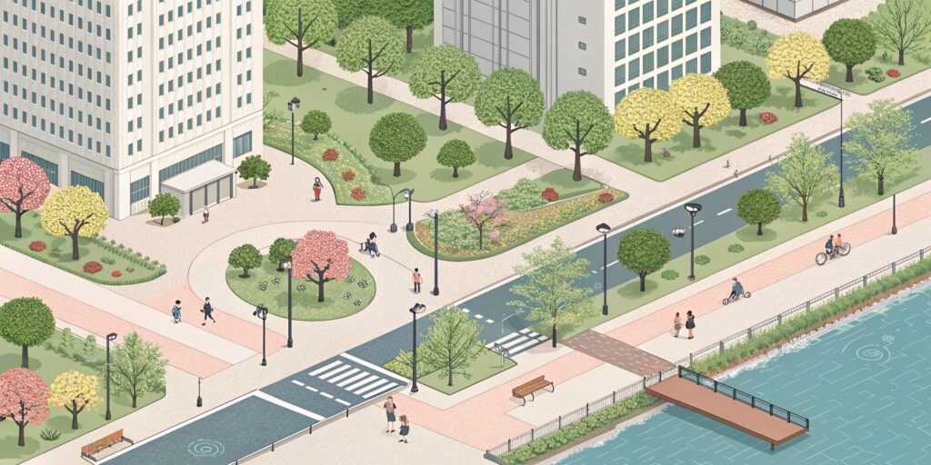 A bird's eye view of several walking path options near a Japanese office district - one path through a small park with trees, another along a riverside, and one through quiet backstreets. Soft colors, minimalist mapping style.