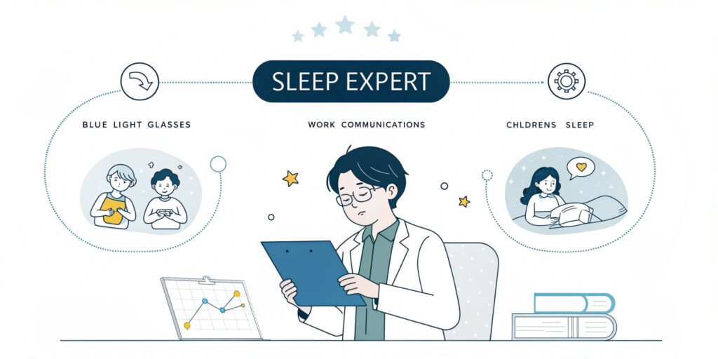 A clean, minimalist FAQ section visual with a sleep expert answering questions about digital detox. Shows 5 question bubbles surrounding a central figure who is explaining sleep science concepts. Small illustrations demonstrate key answers about blue light glasses, work communications, and children's sleep. Professional Japanese infographic style.