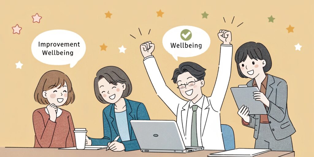 A diverse group of Japanese professionals energetic, well-rested, productive. Speech bubbles contain short testimonials. Warm, positive illustration style showing noticeable improvement in wellbeing.