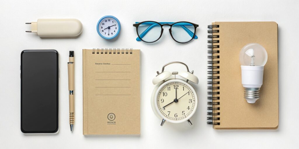 A flat lay photograph of essential digital detox tools arranged neatly: a smartphone lockbox with timer, amber/warm LED bulbs, an analog alarm clock, a blue light blocking glasses, a paper journal for habit tracking, and a warm reading light. Clean, product photography style with Japanese minimalist aesthetic.