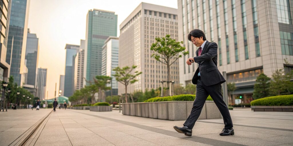 A Japanese business professional checking their watch as they begin a lunchtime walk. Professional attire but comfortable walking shoes. Urban Japanese business district with some greenery. Warm, inviting lighting.