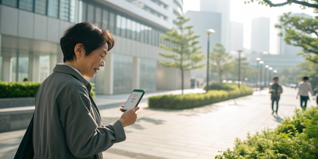 A Japanese person looking at a health tracking app on their smartphone while taking a walk. The screen shows a simple step counter or walking path. Modern Japanese urban setting, soft natural lighting.