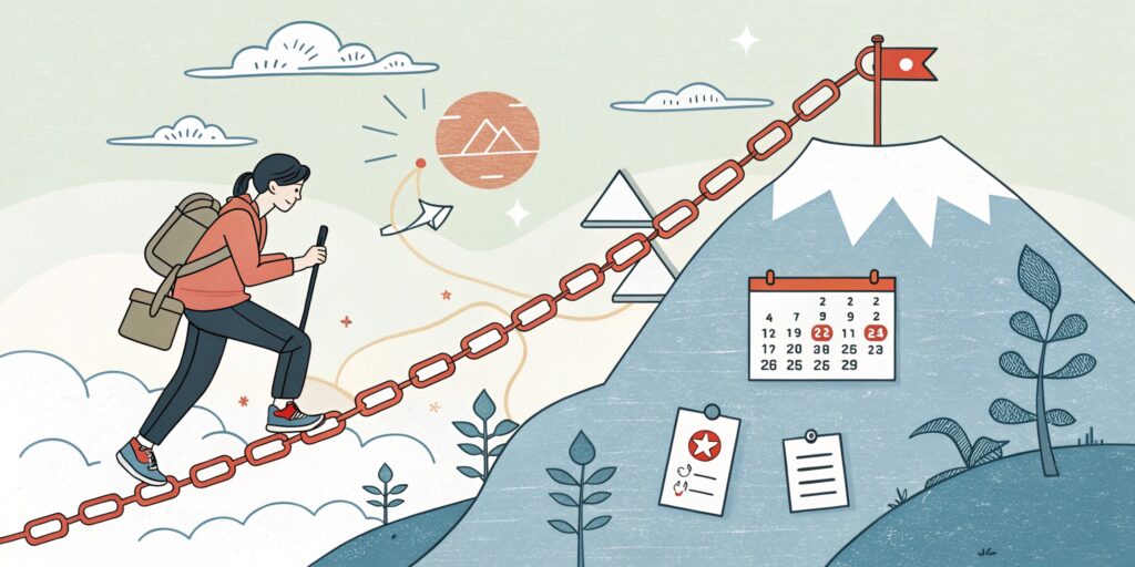 A Japanese person successfully building a habit shown as a mountain climbing journey. Visual metaphors include: setting small achievable steps, crossing bridges over obstacles, tracking progress on a calendar with a continuous chain, and environmental cues supporting the journey. Encouraging, positive illustration with soft colors in a Japanese aesthetic.