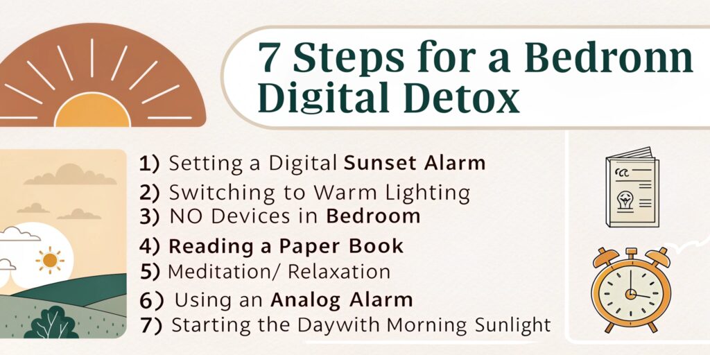 A Japanese-style infographic showing 7 steps of bedroom digital detox. Each step is illustrated in a clean, minimalist style: 1) Setting a digital sunset alarm, 2) Switching to warm lighting, 3) "No devices in bedroom" sign, 4) Reading a paper book, 5) Meditation/relaxation, 6) Analog alarm clock, 7) Morning sunlight routine. Professional, educational illustration style.