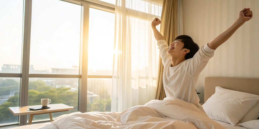 A peaceful, well-rested Japanese person waking up refreshed at sunrise, stretching with a smile. Their smartphone is visible in a different room, and the bedroom environment looks calm and device-free. The image conveys the benefit of completed digital detox. Inspirational morning light, positive mood, Japanese aesthetic.