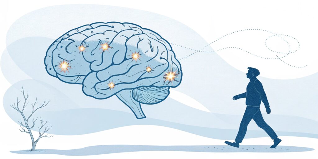 A simple illustration of a human brain with subtle glowing areas representing activity, alongside a small silhouette of a person walking. Clean, scientific aesthetic with soft blue tones. Japanese setting with minimal styling.
