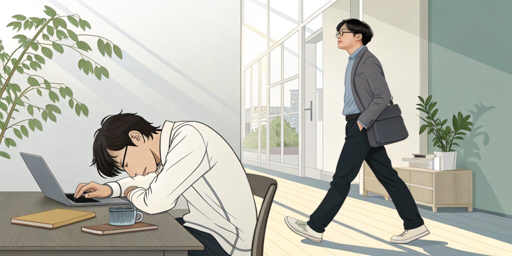 A split screen showing a tired Japanese office worker slumped at their desk in the morning, and the same person looking energized and alert in the afternoon after a walk. Office environment with natural lighting. No text overlay.