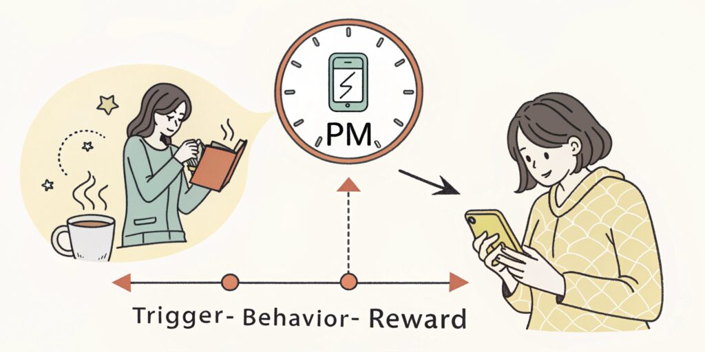 A visual diagram showing the "trigger-behavior-reward" cycle applied to digital detox. Shows a clock at 9PM (trigger), a person placing their phone in a dedicated box (behavior), and the same person enjoying a peaceful tea and book moment (reward). Clean, instructional Japanese illustration style with light colors and clear steps.