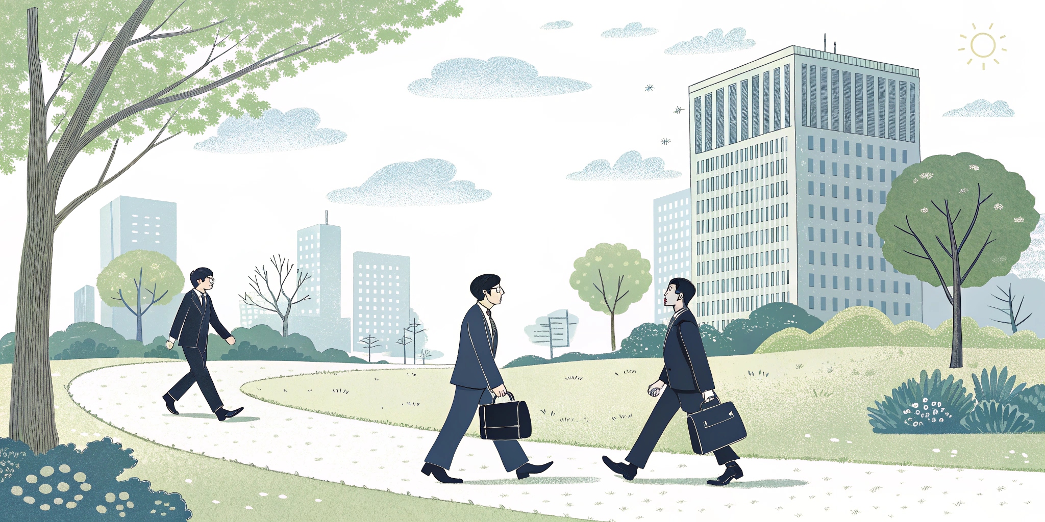 Japanese businessmen in business attire take a leisurely lunchtime stroll in a park near an office building in Tokyo. He has nothing in his hands. He looks refreshed and reinvigorated. Soft natural light, urban greenery with trees, small paths. A minimalist composition with plenty of space.