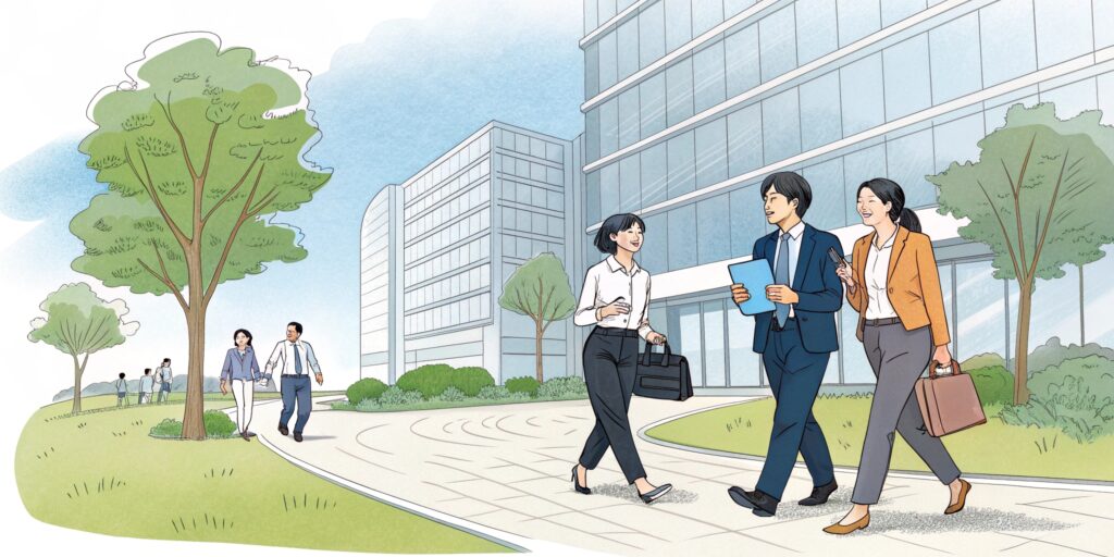 Illustration of Japanese office workers having an energetic 'walking meeting' outside a modern office building. Show colleagues discussing ideas while strolling through a small urban park or green space nearby, representing a 'micro-break spot'. Bright, positive atmosphere, promoting workplace wellness and collaboration. Style: Clean lines, vibrant colors, semi-realistic illustration. NOWORD