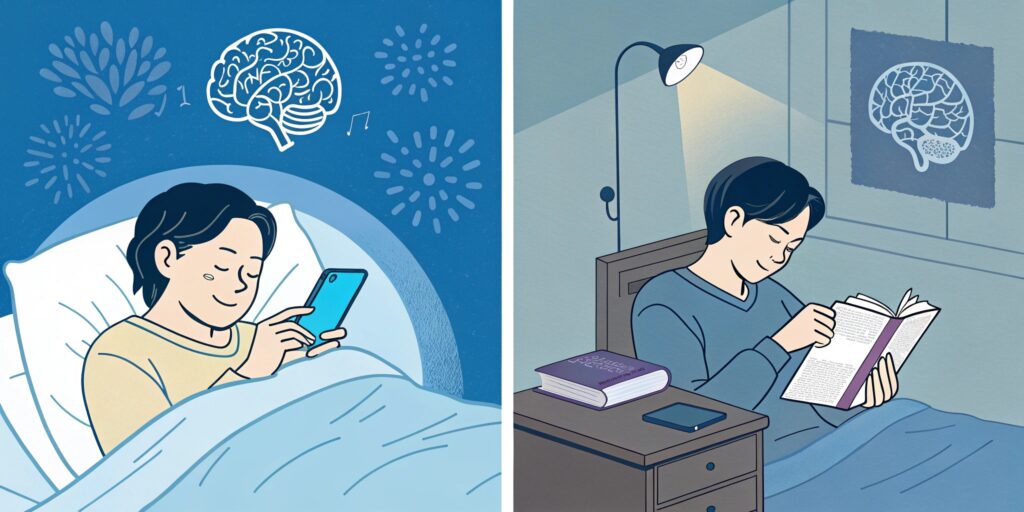Split-screen comparison: on the left side, a person looking at a bright blue-lit smartphone screen in bed with wide-awake eyes; on the right side, the same person peacefully sleeping in a dimly lit room with a paper book closed on the nightstand. Includes a subtle brain illustration showing melatonin production differences. Clean, informative medical illustration style with Japanese aesthetic.